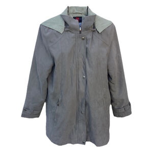 Gallery Womens Taupe Green Hooded Jacket Coat Sz SMALL Faux Suede Removable Line